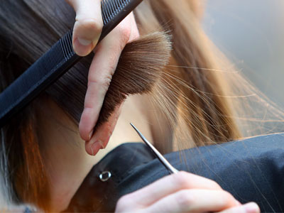 Hairdresser Trimming Brown Hair with Scissors Hairdresser Trimming Brown Hair with Scissors