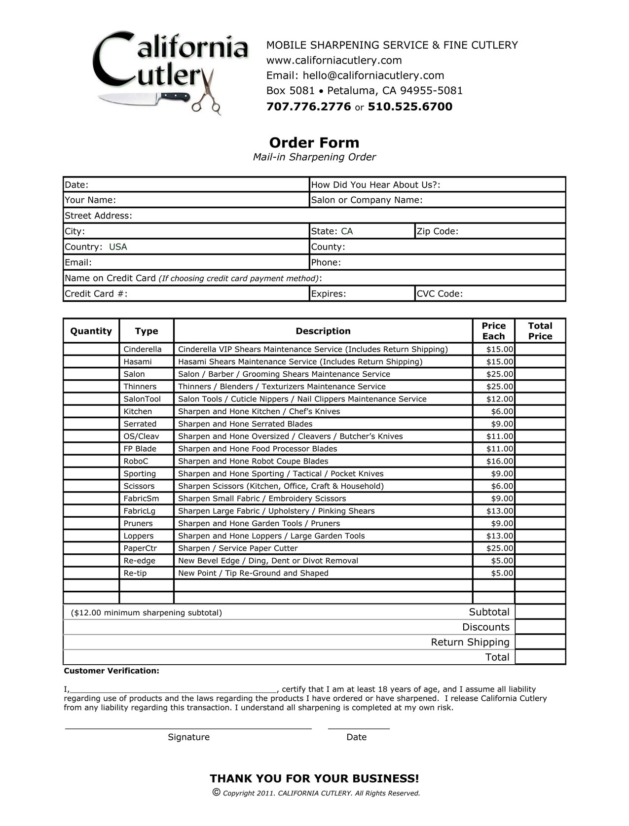 Mail Order Form